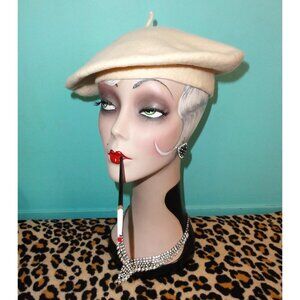 Vintage Ivory Colored Wool Beret Hat pinup retro rockabilly French beatnik cap